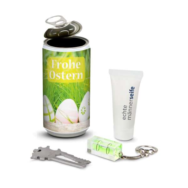 Geschenkset / Präsenteset: Männer-Geheimnis Ostern, das Nest in der Dose - Etikett Ostern