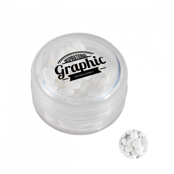 Runde Plastikdose mit farbigem Deckel gefüllt mit ca. 12 gr. extra strong Minties `Triangle` TAMPOND