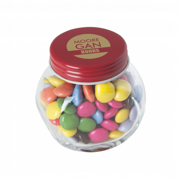 Bonbonglas mini gefüllt mit ca. 40 gr. Schokocarletties mit farbigem Deckel