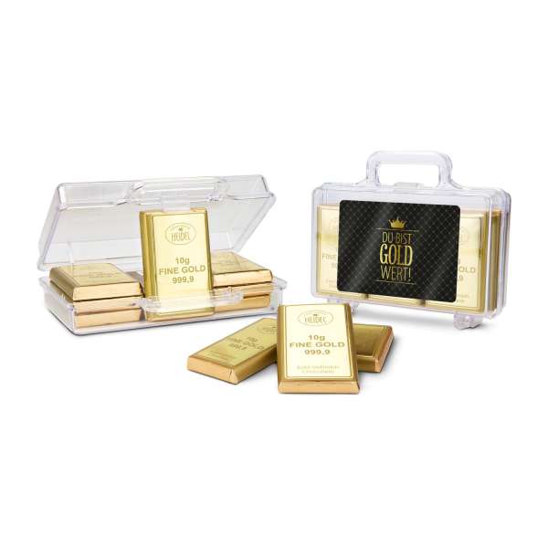 Geschenkartikel / Präsentartikel: Du bist Gold wert - Goldkoffer mit 12 Goldbarren, Edelvollmilch-Sc