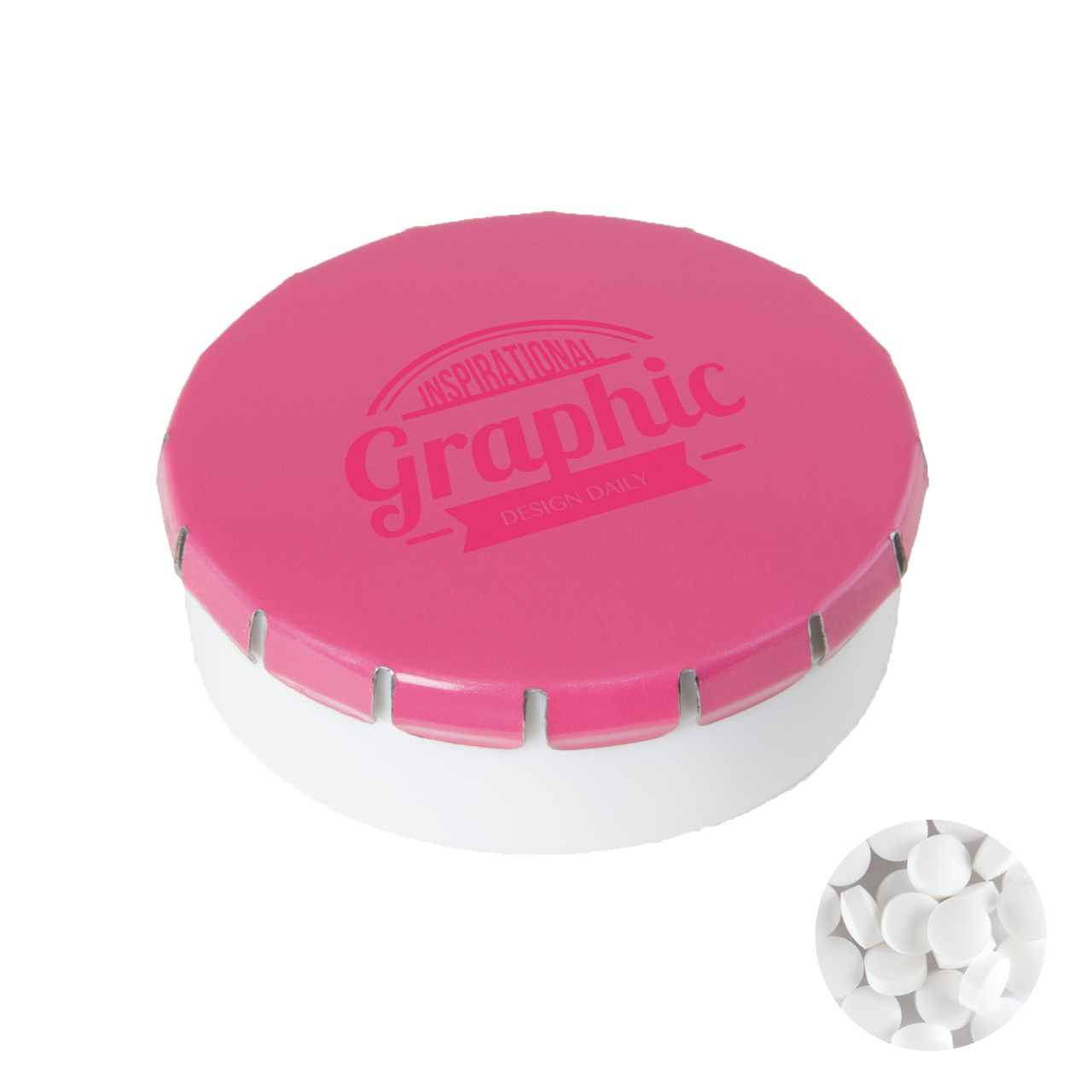 Super runde Click-Plastikdose 45 mm mit ca. 12 gr. minties zuckerfrei, TAMPONDRUCK