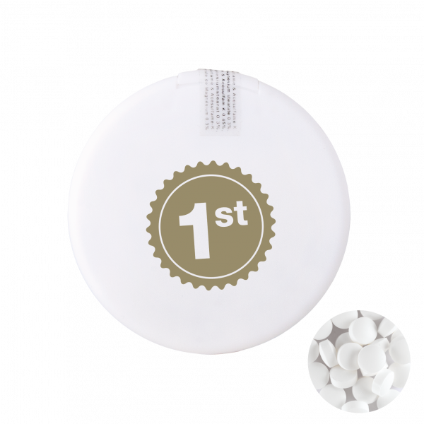 Mintdispenser rund mit ca. 8 gr. Minties zuckerfrei und Zutatenaufkleber TAMPONDRUCK