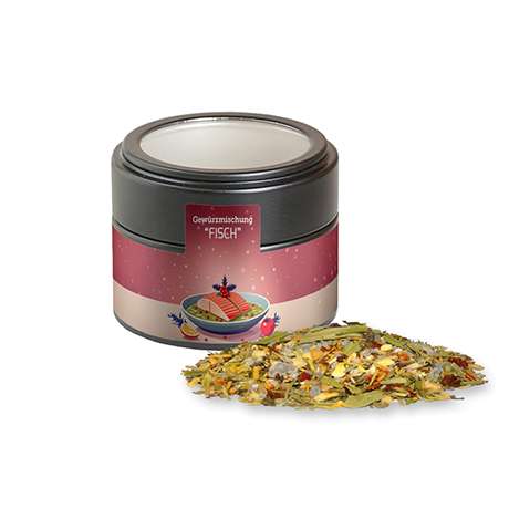 Weihnachts Gewürzmischung Fisch, ca. 55g, Metalldose Mini mit Sichtfenster schwarz