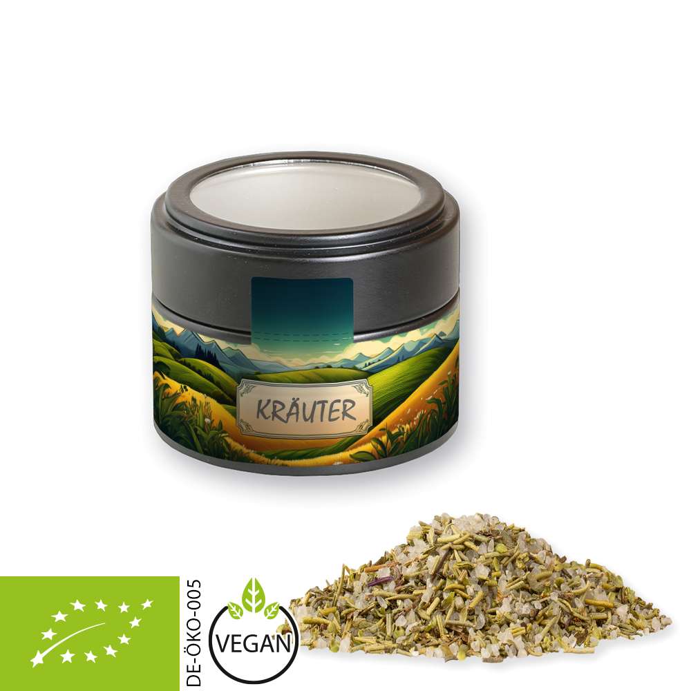 Bio Gewürzmischung Kräutersalz, ca. 75g, Metalldose Mini mit Sichtfenster schwarz