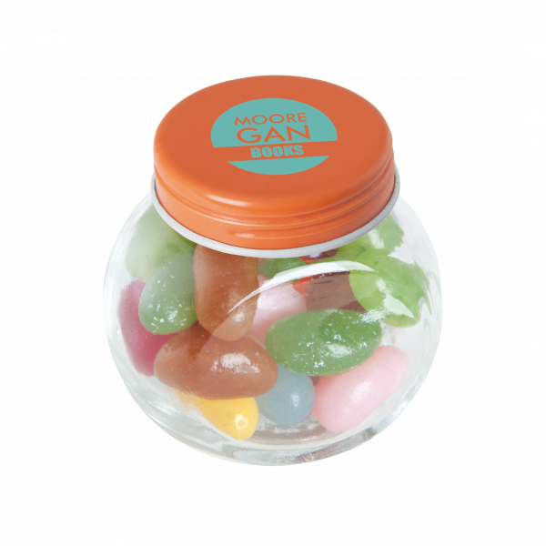 Bonbonglas mini gefüllt mit ca. 40 gr. Jelly Beans mit farbigem Deckel