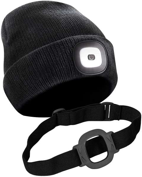 Beanie-Strickmütze mit herausnehmbarem LED-Licht und Stirnband