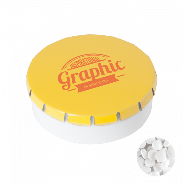Super runde Click-Plastikdose 45 mm mit ca. 12 gr. minties zuckerfrei, TAMPONDRUCK