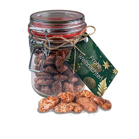 Feuergebrannte Mandeln (vegan), ca. 190g, Bonbonglas Maxi mit Werbekarte