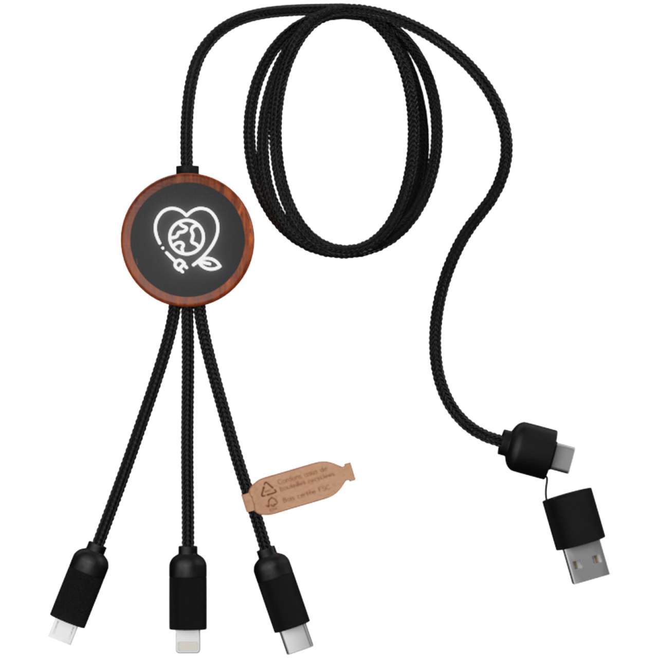 SCX. design C37 40W 5-in-1 rPET Ladekabel in rundem Bambusgehäuse mit Leuchtlogo
