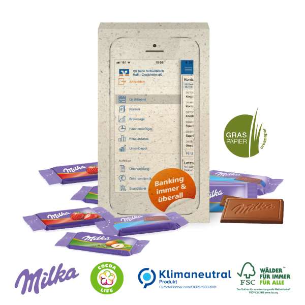 Milka Schokotäfelchen in Präsentbox auf Graspapier, Klimaneutral, FSC®