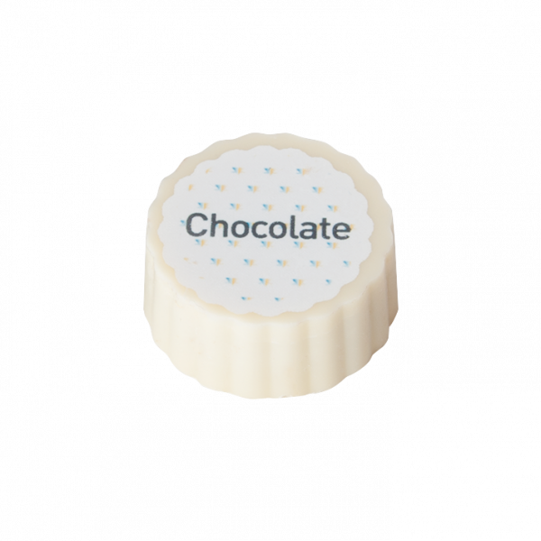 Logo-Praline aus weißer Schokolade mit Haselnuss Praliné Füllung, rechteckig oder rund, bis 4-c-bedr