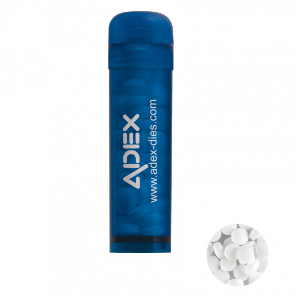 Mint Tube mit ca. 11 gr. extra strong Minties `Triangle` und Zutatenaufkleber