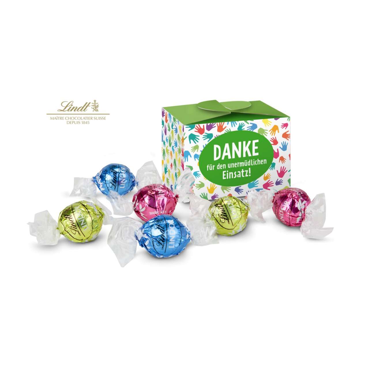 Geschenkartikel / Präsentartikel: Lindt süßes Danke, Pralinenschachtel mit bunten Händen, 5 Lindorku