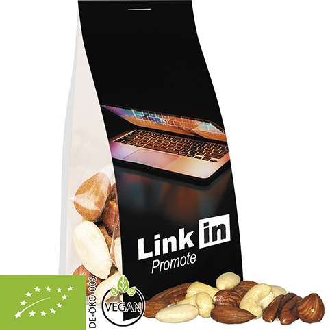 Bio NusskernMix, ca. 40g, Express Blockbodenbeutel mit Werbereiter