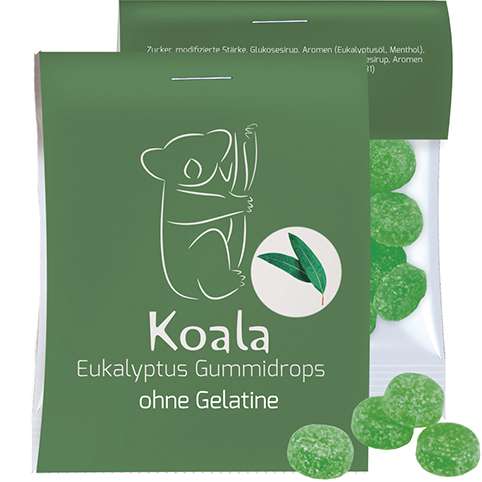 Eukalyptus Menthol Fruchtgummi ohne Gelatine, ca. 15g, Express Midi-Tüte mit Werbereiter