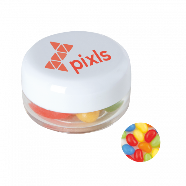 Runde Plastikdose mit farbigem Deckel gefüllt mit ca. 12 gr. Jelly Beans TAMPONDRUCK