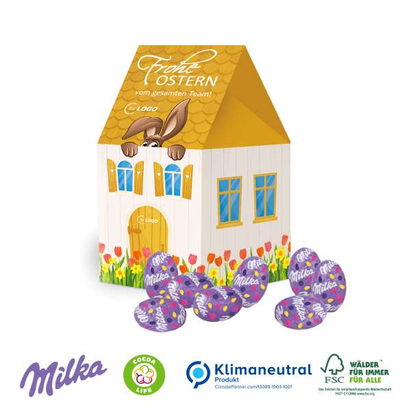 3D Präsent Haus mit Milka Alpenmilch Eier, Klimaneutral, FSC®
