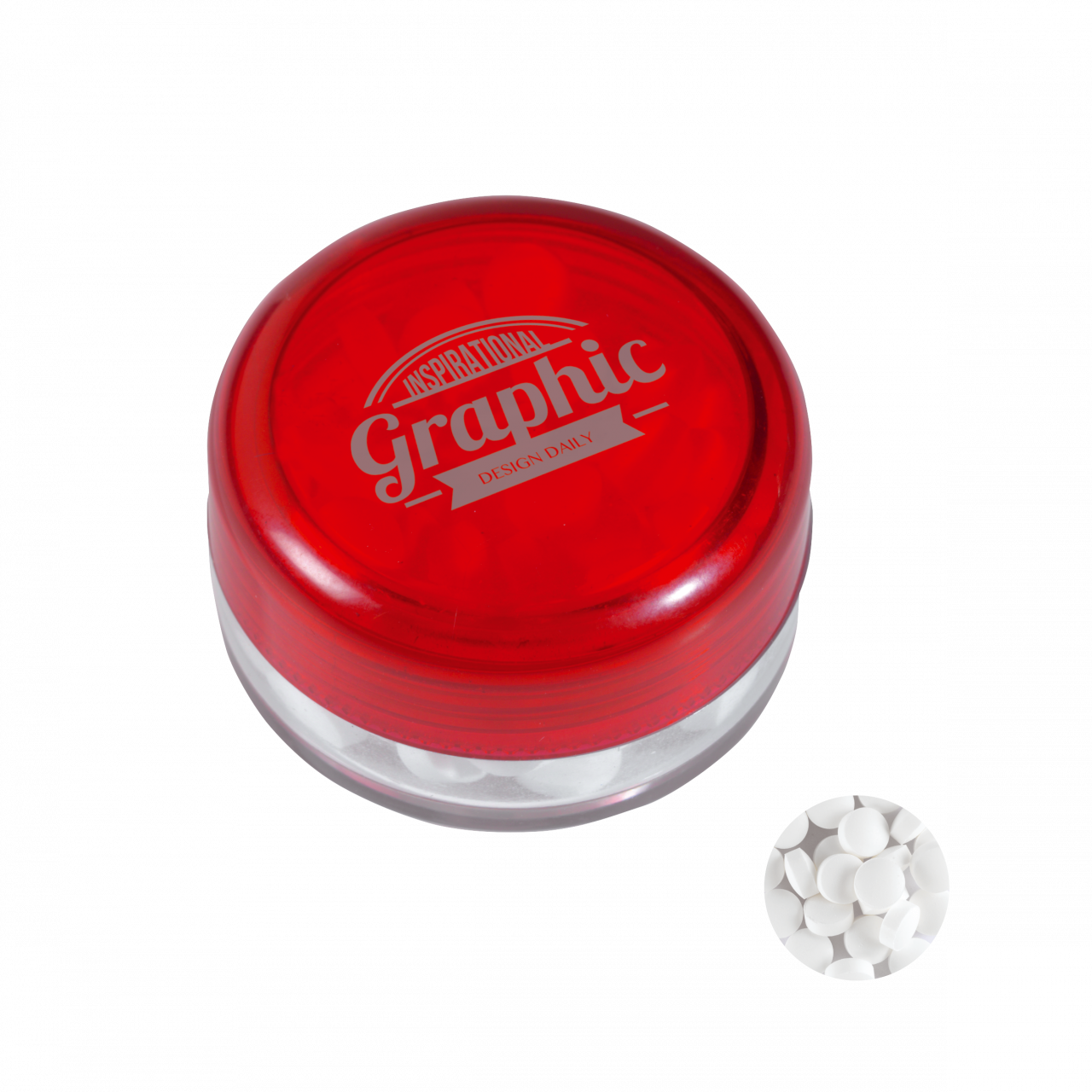 Runde Plastikdose mit farbigem Deckel gefüllt mit ca. 12 gr. extra strong Minties `Triangle` TAMPOND