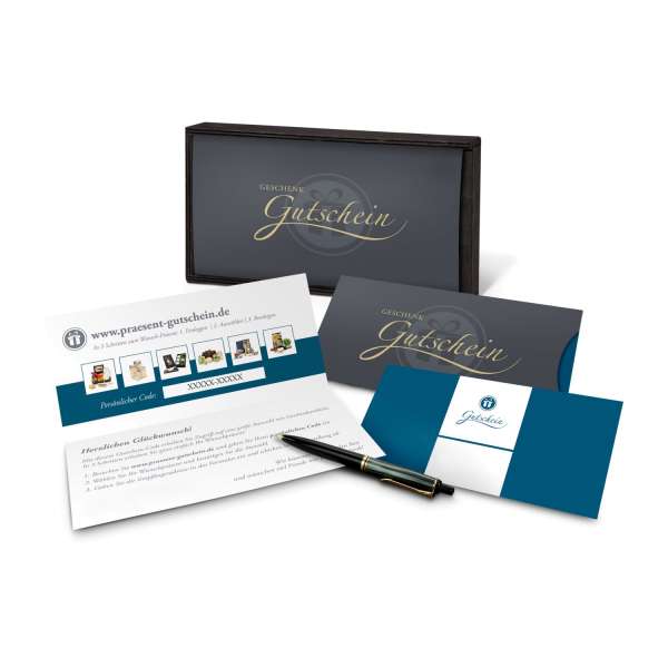 Geschenkgutschein Blau in Holzkiste, Kategorie 20 €, große Auswahl an Präsenten, Lifestyle- und Well