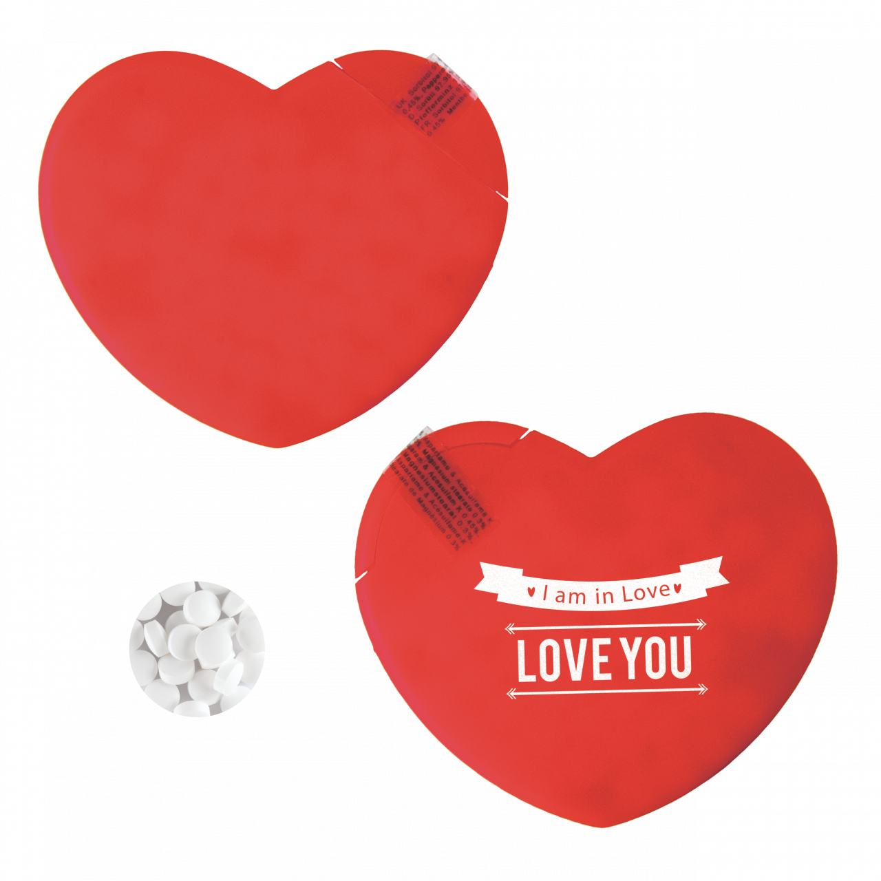 Mintdispenser Herz mit ca. 8 gr. Minties zuckerfrei und Zutatenaufkleber TAMPONDRUCK