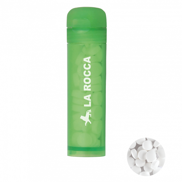 Mint Tube mit ca. 11 gr. extra strong Minties `Triangle` und Zutatenaufkleber