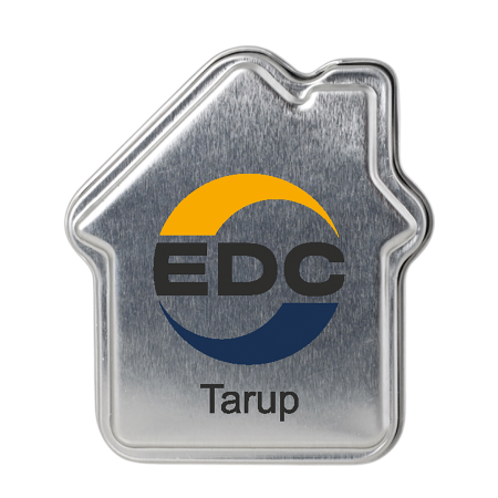 Metalldose in Hausform standardfüllung mit DutchDex Dextrose-Minzbonbons (HERGESTELLT IN DEN NIEDERL