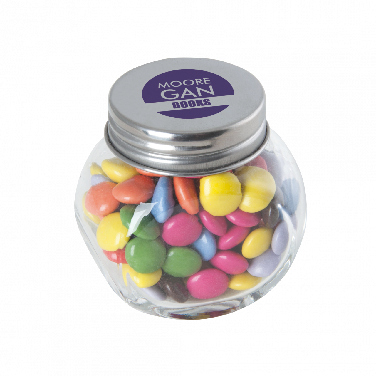 Bonbonglas mini gefüllt mit ca. 40 gr. Schokocarletties mit farbigem Deckel