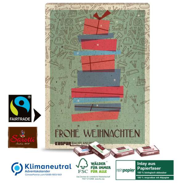 Wand-Adventskalender aus Graspapier mit Fairtrade-Kakao Organic, Klimaneutral, FSC®