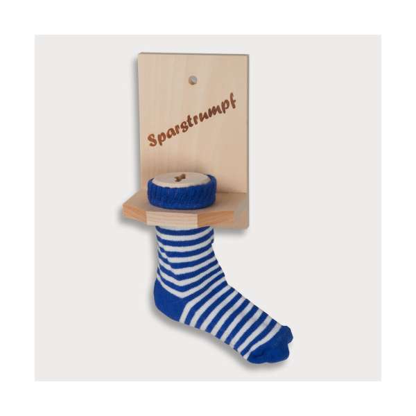 Sparstrumpf, blaue Socke, mit Einbrand Sparstrumpf aus Holz 12 cm