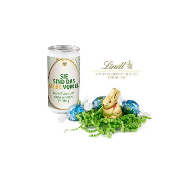 Geschenkartikel / Präsentartikel: Lindt-Oster-Überraschung, Das Nest in der Dose - Etikett
