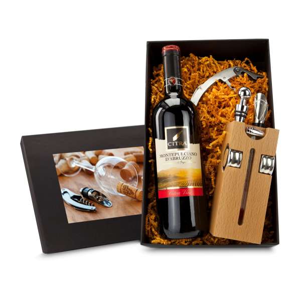 Geschenkset / Präsenteset: Buche-Block mit Wein