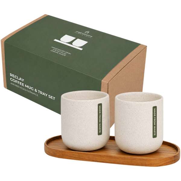 Originalhome ovales Holztablett und 150 ml Keramiktassen Set