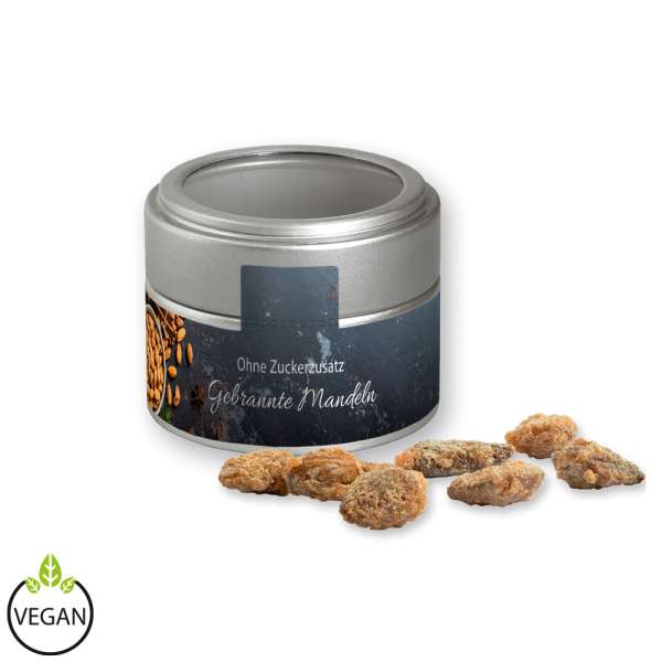 Feuergebrannte Mandeln ohne Zuckerzusatz, ca. 60g, Metalldose Mini mit Sichtfenster silber