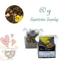 Kompostierbarer Zellglas-Beutel, Geprägtes Verschluss-Siegel aus Zuckerrohrpapier. Komplett abbaubar. Inhalt 60 g