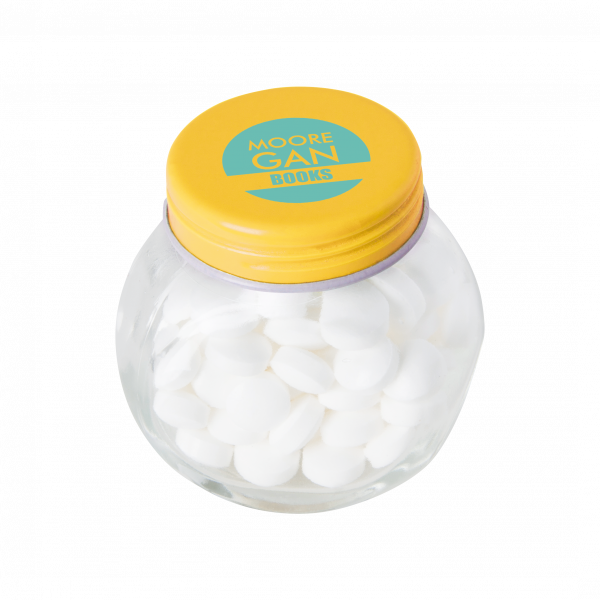 Bonbonglas mini mit ca. 40 g Pfefferminzbonbons, farbiger Deckel