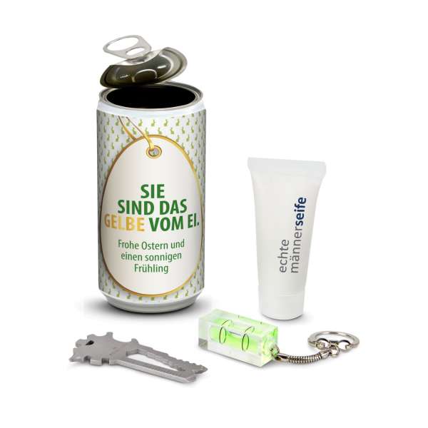 Geschenkset / Präsenteset: Männer-Geheimnis Ostern, das Nest in der Dose - Etikett Ostern