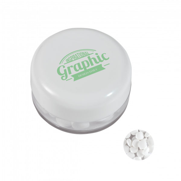 Runde Plastikdose mit farbigem Deckel gefüllt mit ca. 12 gr. extra strong Minties `Triangle` TAMPOND